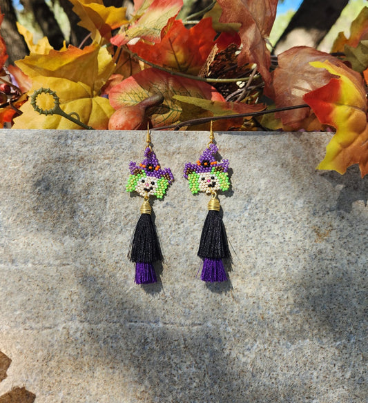 Halloween Chaquira Witch Earrings/ Aretes de Brujita